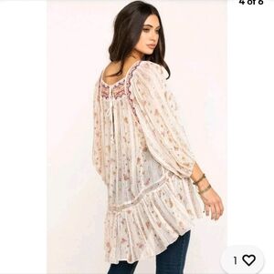 Free People Cream and Pink Embroidered Blouse